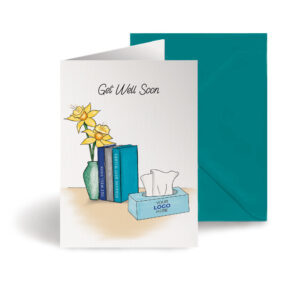 A get well soon corporate greeting card featuring a stylish vase and books customisable with your company logo and brand colours.