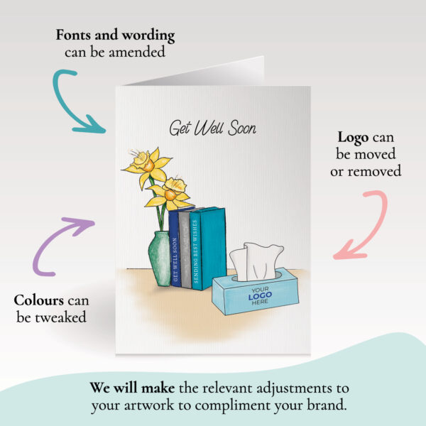 A get well soon corporate greeting card featuring a stylish vase and books customisable with your company logo and brand colours.