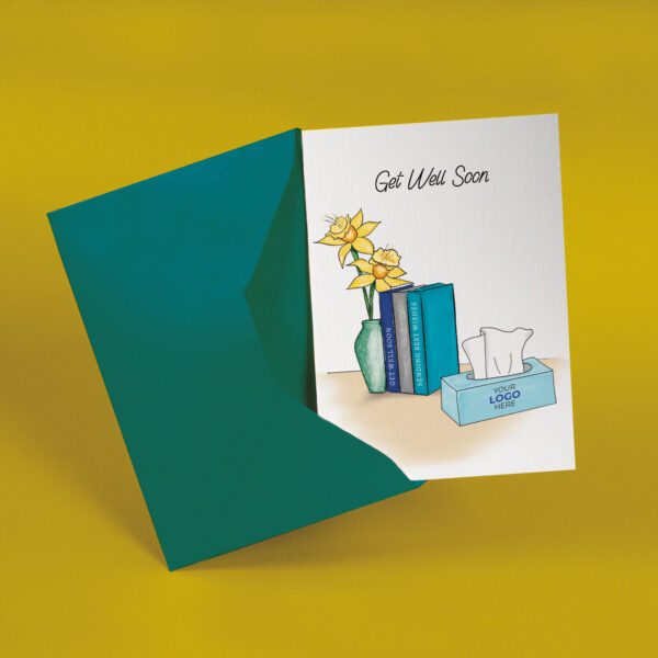 A get well soon corporate greeting card featuring a stylish vase and books customisable with your company logo and brand colours.