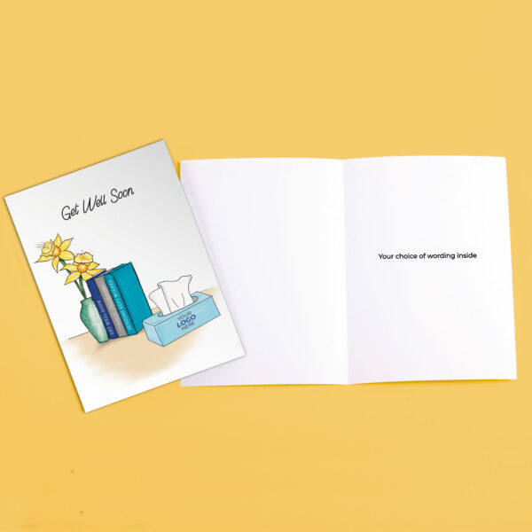 A get well soon corporate greeting card featuring a stylish vase and books customisable with your company logo and brand colours.