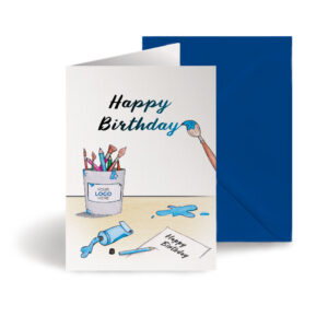 A birthday corporate greeting card featuring a paintbrush and pot customisable with your company logo and brand colours.