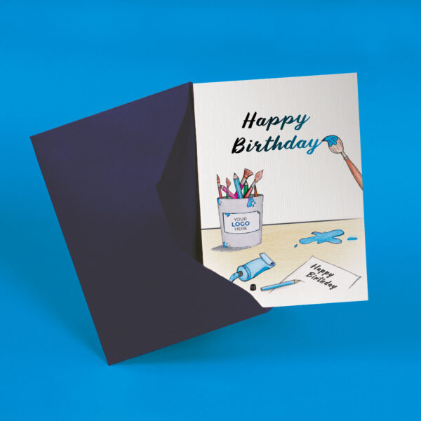 A birthday corporate greeting card featuring a paintbrush and pot customisable with your company logo and brand colours.
