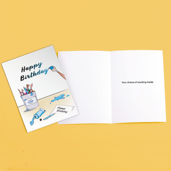 A birthday corporate greeting card featuring a paintbrush and pot customisable with your company logo and brand colours.