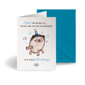 A birthday corporate greeting card featuring a cute hedgehog customisable with your company logo and brand colours.