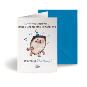 A happy birthday corporate greeting card featuring a stylish hedgehog customisable with your company logo and brand colours.