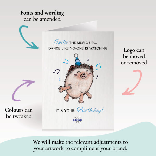 A birthday corporate greeting card featuring a cute hedgehog customisable with your company logo and brand colours.