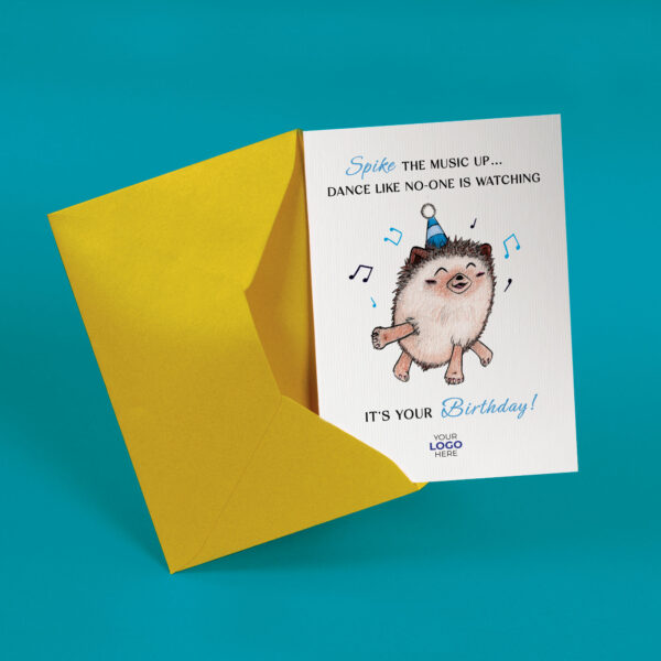 A birthday corporate greeting card featuring a cute hedgehog customisable with your company logo and brand colours.