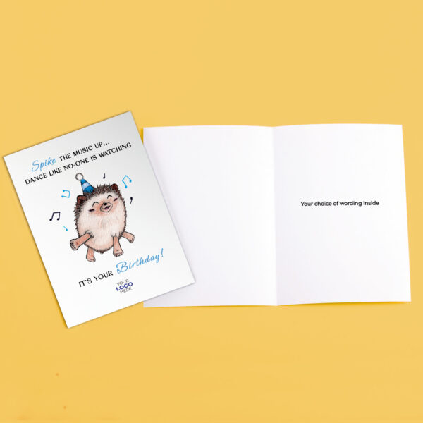 A birthday corporate greeting card featuring a cute hedgehog customisable with your company logo and brand colours.