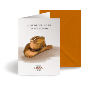 A checking in corporate greeting card featuring a stylish cowboy hat customisable with your company logo and brand colours.