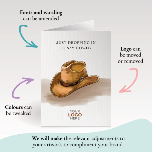 A checking in corporate greeting card featuring a stylish cowboy hat customisable with your company logo and brand colours.