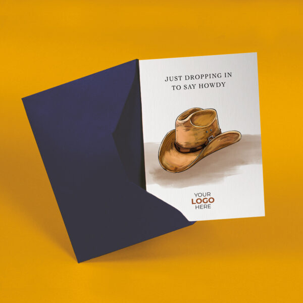 A checking in corporate greeting card featuring a stylish cowboy hat customisable with your company logo and brand colours.