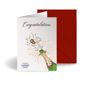A congratulations corporate greeting card featuring a stylish champagne bottle customisable with your company logo and brand colours.