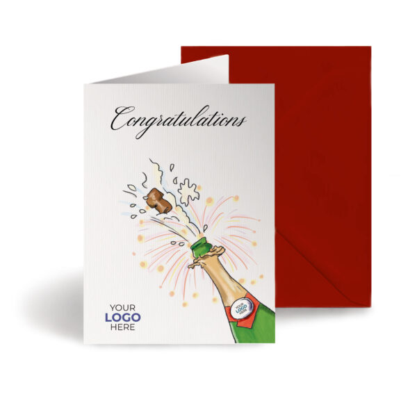 A congratulations corporate greeting card featuring a stylish champagne bottle customisable with your company logo and brand colours.