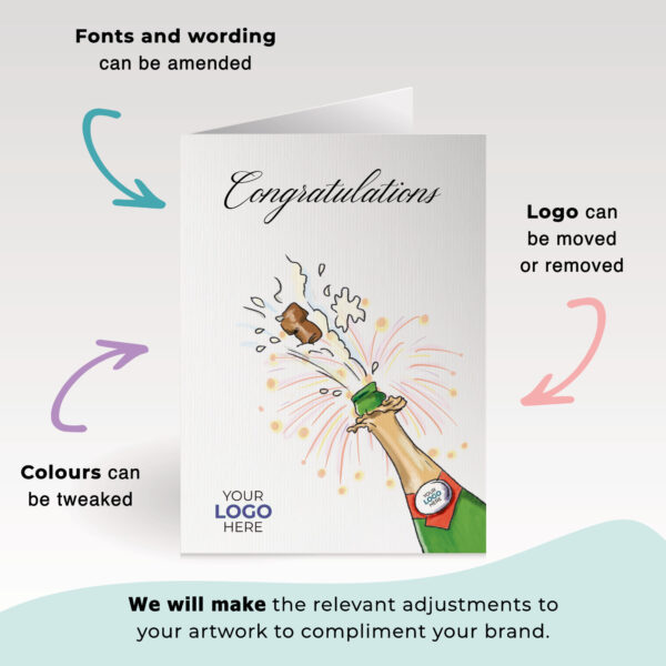 A congratulations corporate greeting card featuring a stylish champagne bottle customisable with your company logo and brand colours.
