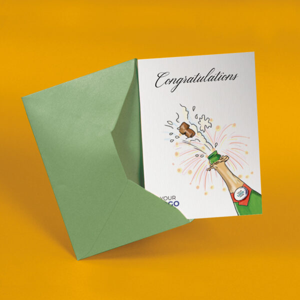 A congratulations corporate greeting card featuring a stylish champagne bottle customisable with your company logo and brand colours.