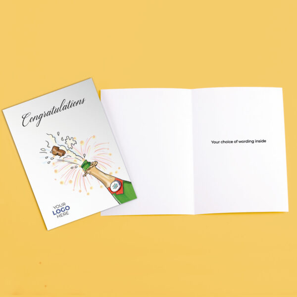 A congratulations corporate greeting card featuring a stylish champagne bottle customisable with your company logo and brand colours.