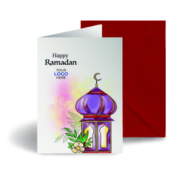 A ramadan corporate greeting card featuring a glowing lantern customisable with your company logo and brand colours.