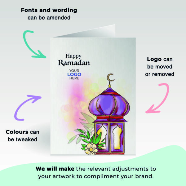 A ramadan corporate greeting card featuring a glowing lantern customisable with your company logo and brand colours.