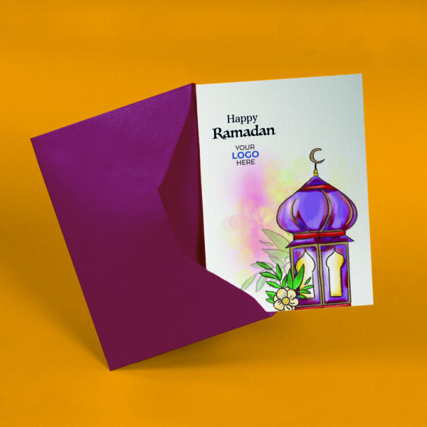 A ramadan corporate greeting card featuring a glowing lantern customisable with your company logo and brand colours.