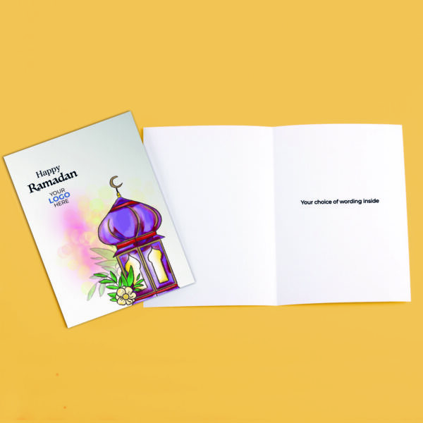A ramadan corporate greeting card featuring a glowing lantern customisable with your company logo and brand colours.