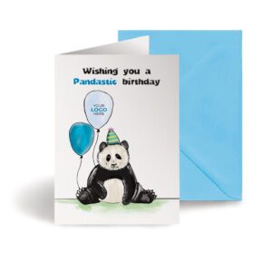 A birthday corporate greeting card featuring a cute panda customisable with your company logo and brand colours.