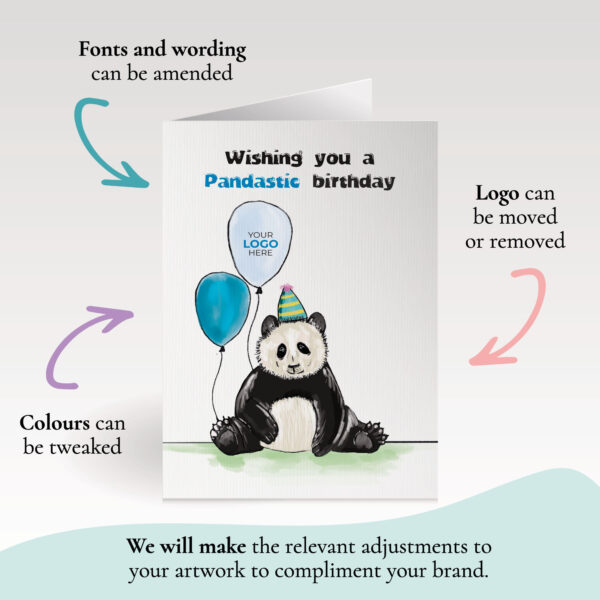 A birthday corporate greeting card featuring a cute panda customisable with your company logo and brand colours.