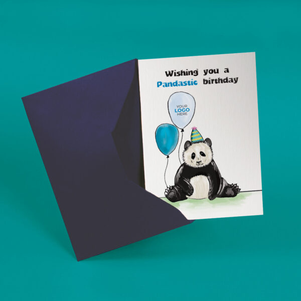 A birthday corporate greeting card featuring a cute panda customisable with your company logo and brand colours.