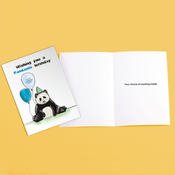A birthday corporate greeting card featuring a cute panda customisable with your company logo and brand colours.