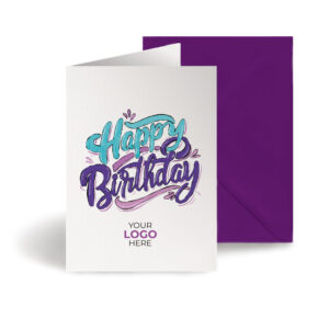 A birthday corporate greeting card featuring a hand lettered wording customisable with your company logo and brand colours.