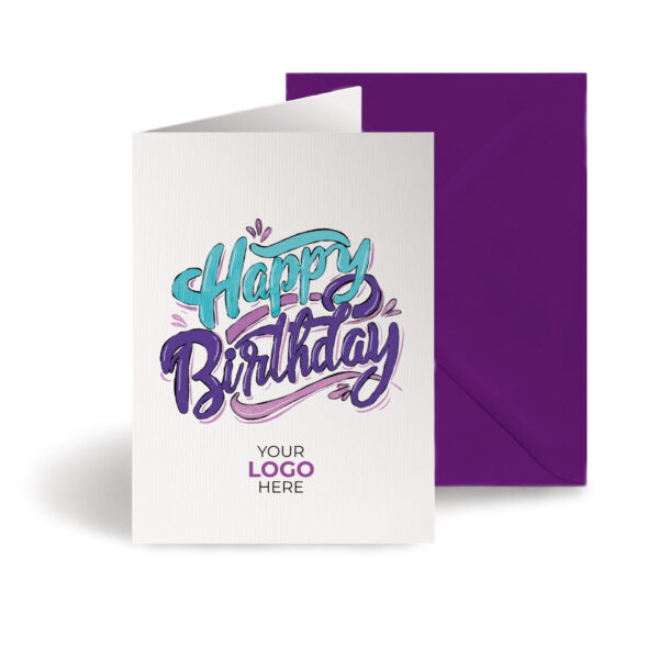 A birthday corporate greeting card featuring a hand lettered wording customisable with your company logo and brand colours.