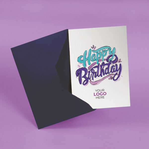 A birthday corporate greeting card featuring a hand lettered wording customisable with your company logo and brand colours.