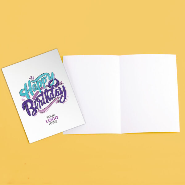 A birthday corporate greeting card featuring a hand lettered wording customisable with your company logo and brand colours.