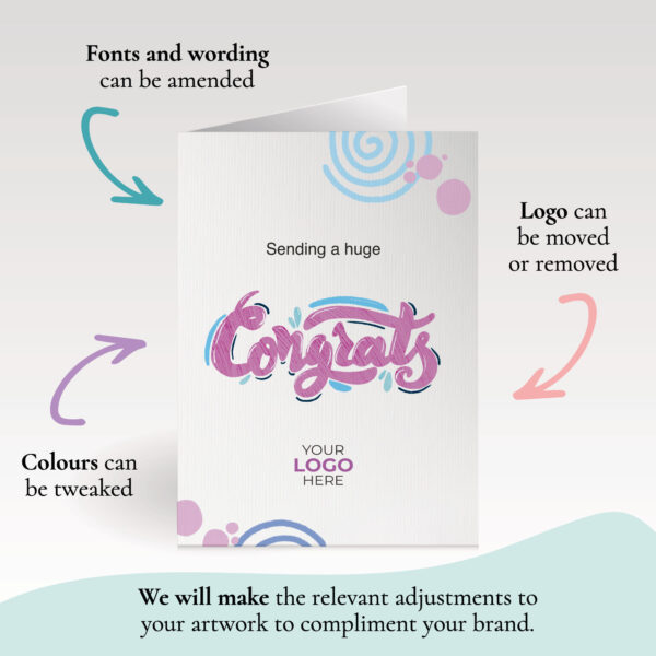 A congratulations corporate greeting card featuring hand letters customisable with your company logo and brand colours.