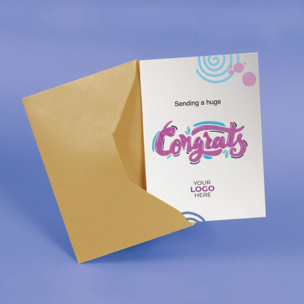 A congratulations corporate greeting card featuring hand letters customisable with your company logo and brand colours.