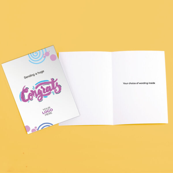 A congratulations corporate greeting card featuring hand letters customisable with your company logo and brand colours.