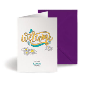 A welcome corporate greeting card featuring hand letters customisable with your company logo and brand colours.