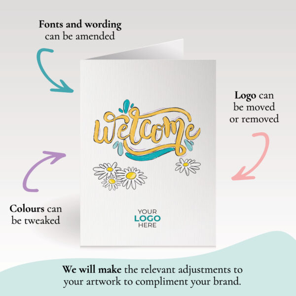 A welcome corporate greeting card featuring hand letters customisable with your company logo and brand colours.