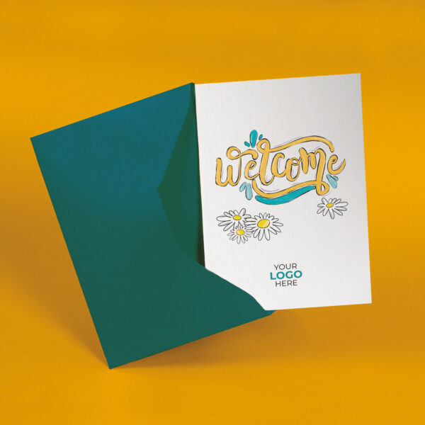 A welcome corporate greeting card featuring hand letters customisable with your company logo and brand colours.