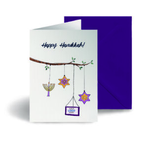A Hanukkah corporate greeting card featuring a tree branch customisable with your company logo and brand colours.