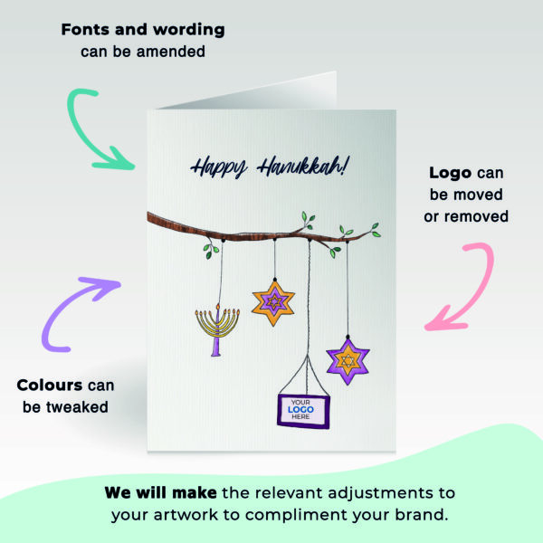 A Hanukkah corporate greeting card featuring a tree branch customisable with your company logo and brand colours.