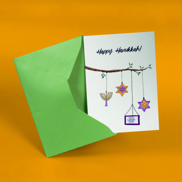 A Hanukkah corporate greeting card featuring a tree branch customisable with your company logo and brand colours.