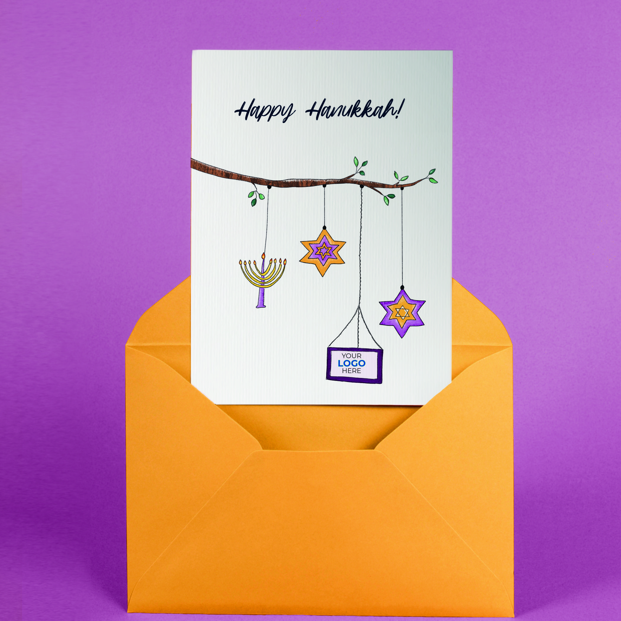 A Hanukkah corporate greeting card featuring a tree branch customisable with your company logo and brand colours.