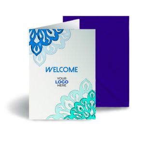 A welcome corporate greeting card featuring a simple mandala customisable with your company logo and brand colours.