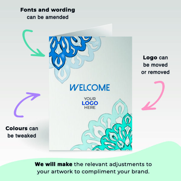 A welcome corporate greeting card featuring a simple mandala customisable with your company logo and brand colours.