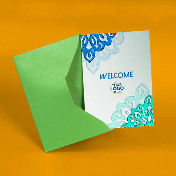 A welcome corporate greeting card featuring a simple mandala customisable with your company logo and brand colours.