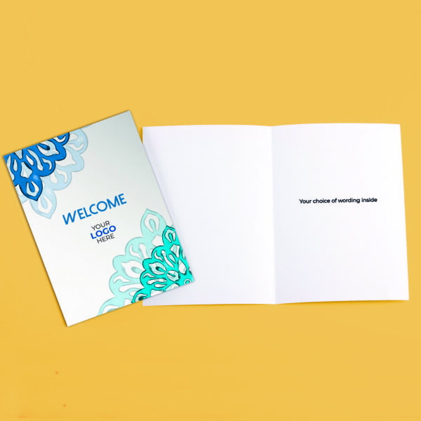A welcome corporate greeting card featuring a simple mandala customisable with your company logo and brand colours.