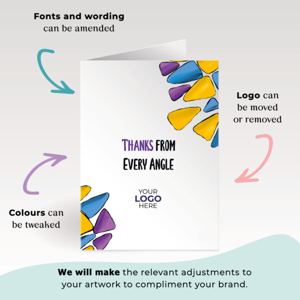 A thank you corporate greeting card featuring colourful triangles customisable with your company logo and brand colours.