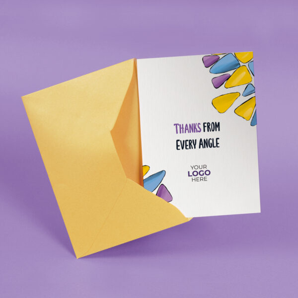 A thank you corporate greeting card featuring colourful triangles customisable with your company logo and brand colours.