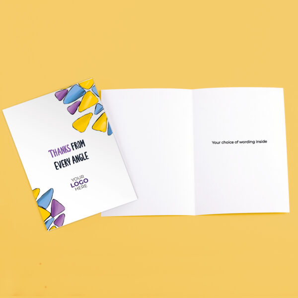 A thank you corporate greeting card featuring colourful triangles customisable with your company logo and brand colours.