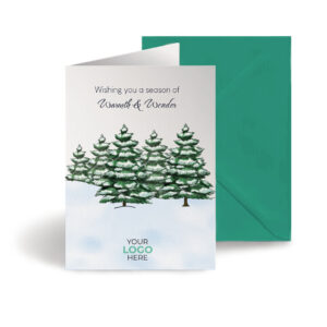 A christmas corporate greeting card featuring snowy trees customisable with your company logo and brand colours.